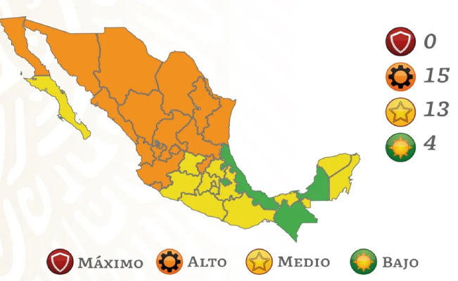 Semáforo COVID en México: hay 4 estados en verde, 15 en naranja y 13 en amarillo